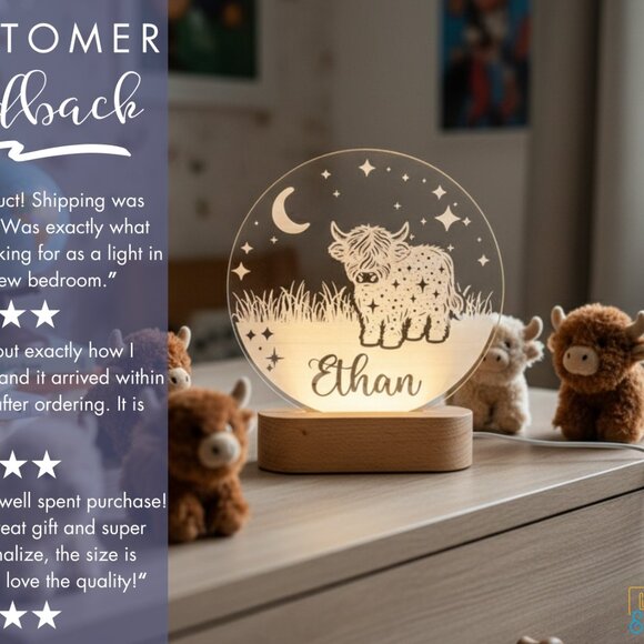 Highland Cow Night Light – Personalized LED Baby Shower Gift - Picture 7 of 8